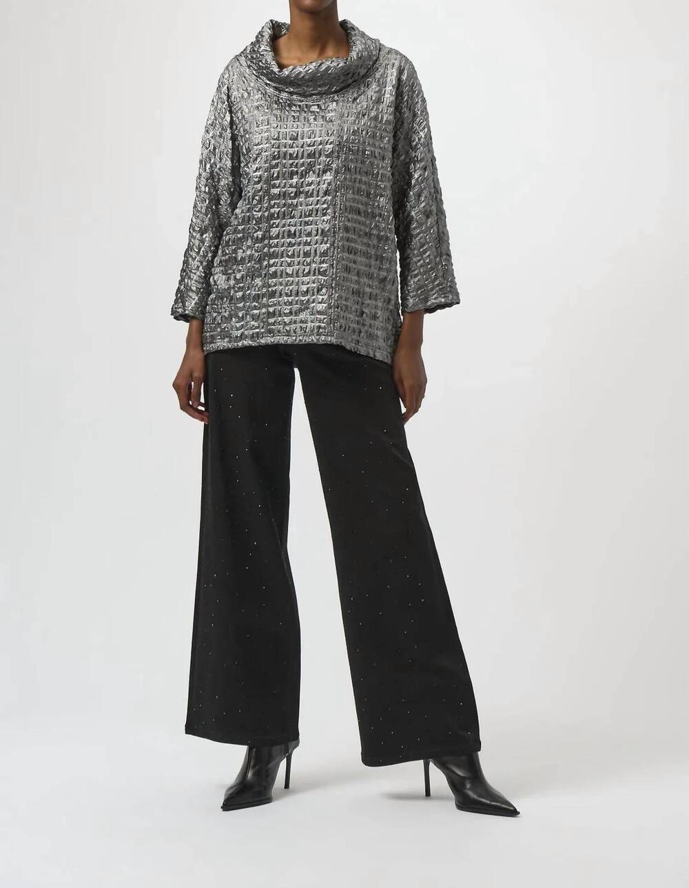 NEW JOSEPH RIBKOFF foiled cowl neck dolman sleeves top in pewter
